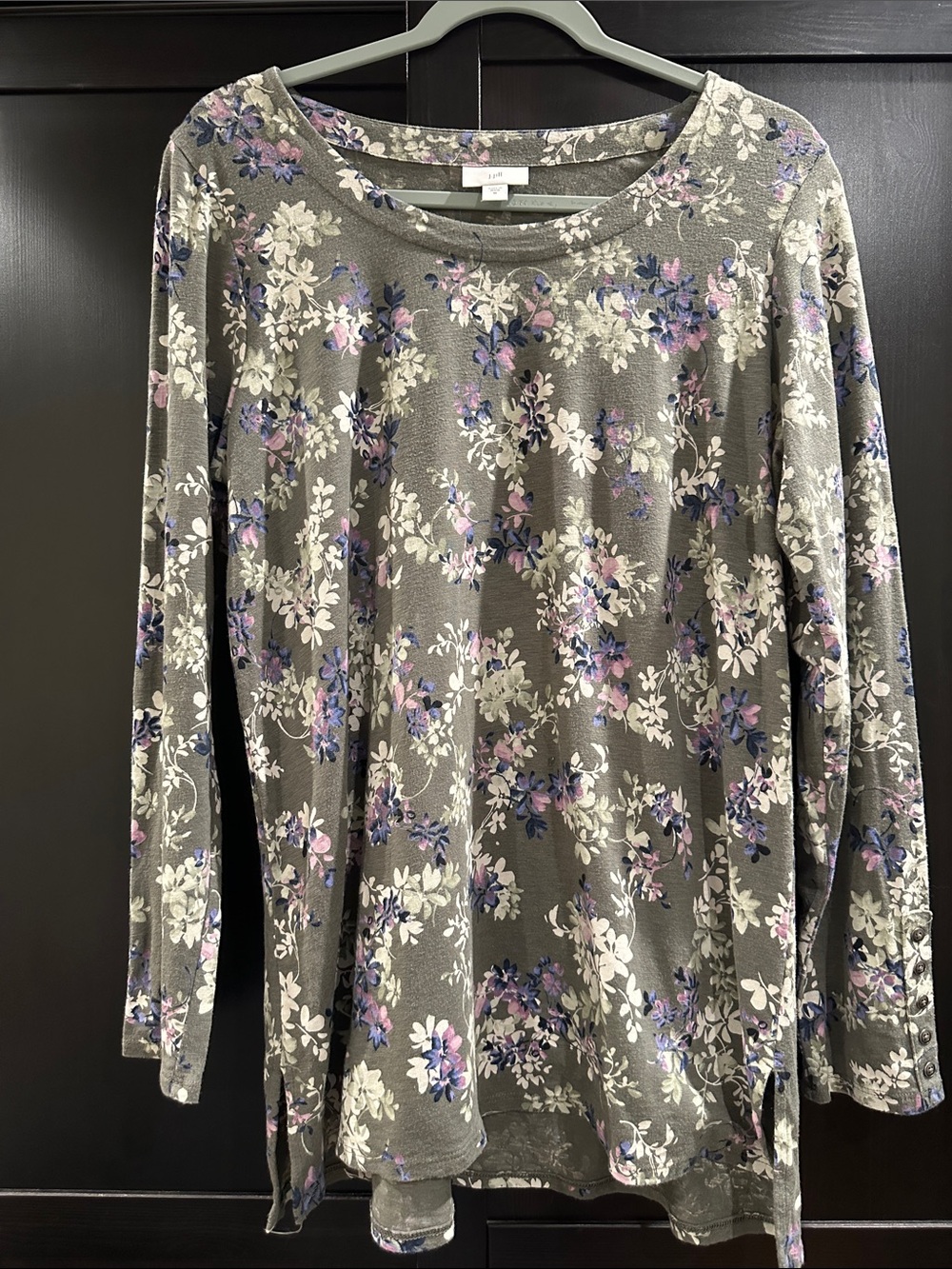 J. Jill Gray Floral Long Sleeve Tee with Purple & Pink Blooms
